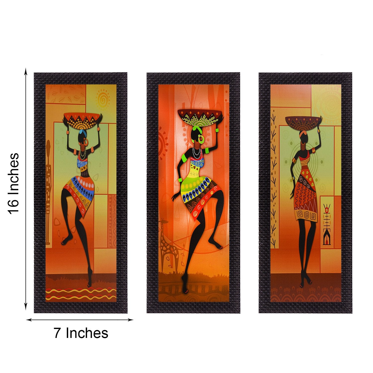 Ecraftindia Tribal Ladies Uv Art Painting (Synthetic Wood, 53 Cm X 41 Cm, Set Of 3, Satin Matt Texture, C3Fpb2214)